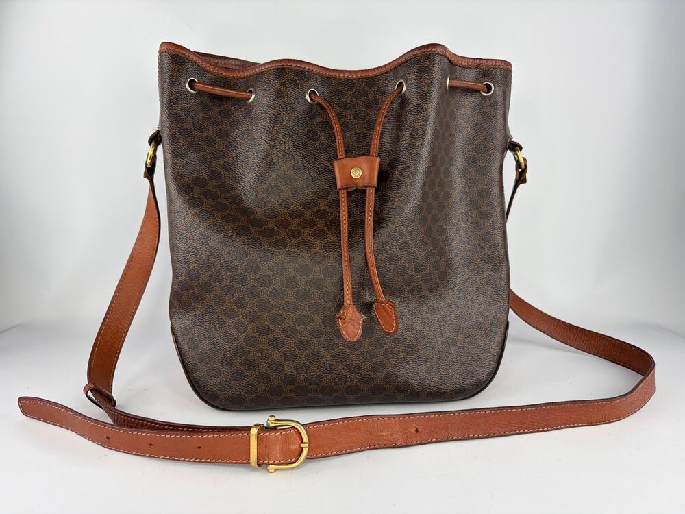 Celine Macadam Drawstring Bucket Bag Brown Coated Canvas Crossbody Vintage
